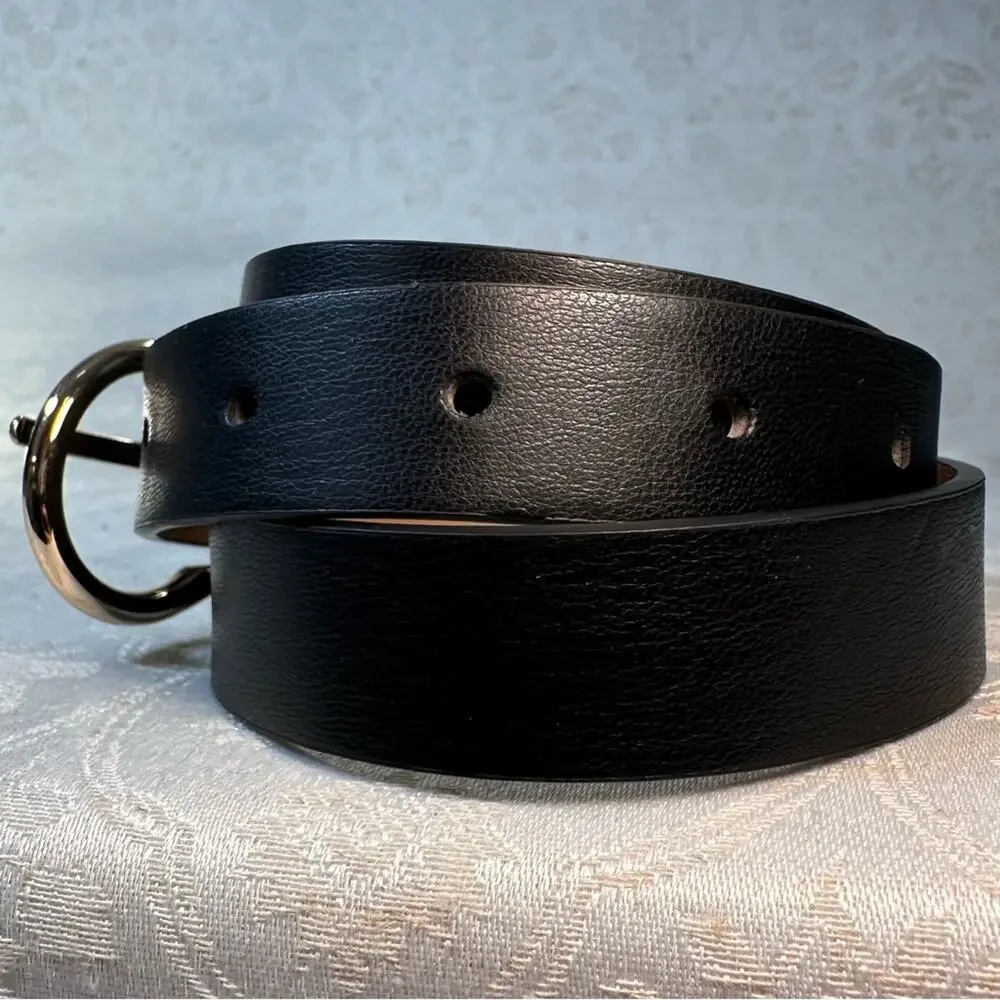 LP Blue Linea Pelle Black Faux Leather Belt Gold Buckle Size Small 40.5 inch